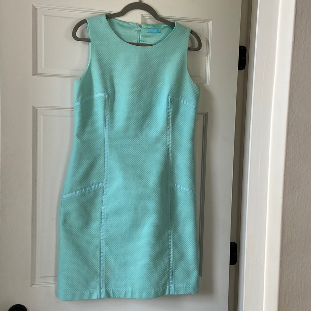 JMcLaughlin Aqua Blue dress with pockets and ribbon detailing. Size 8.